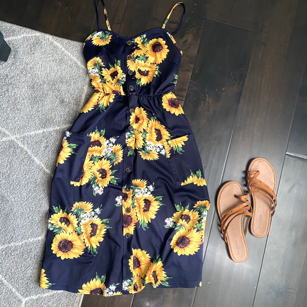 Button down Sunflower Spaghetti Strap Dress